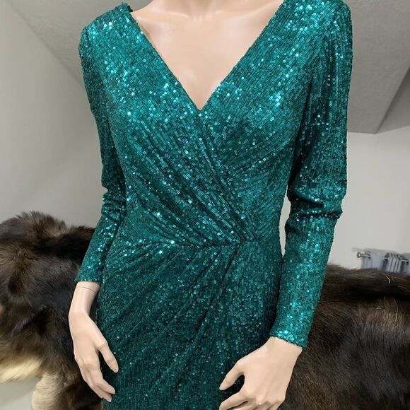 Stunning Green Long Sleeves Sequined Wrap Gown - Picture 8 of 16
